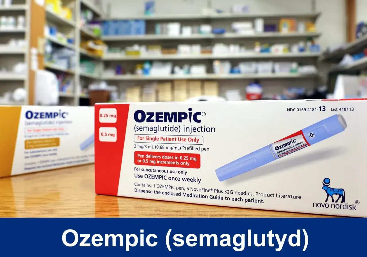 Opakowania leku Ozempic (semaglutyd) na stole w aptece. Szukając tańszego zamiennika leku Ozempic, warto zwrócić uwagę na dostępne opcje.