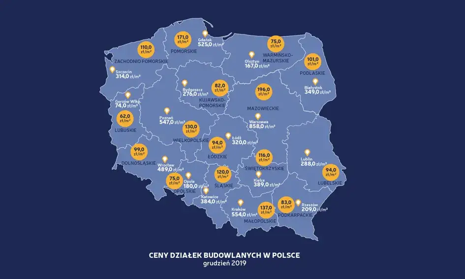 Mapa cen działek budowlanych w Polsce województwa