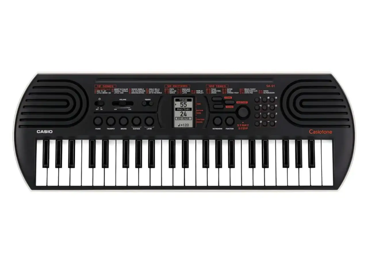 Czarno-biały keyboard Casio SA-81 z widocznym opisem klawiszy keyboard, przyciskami i wyświetlaczem.