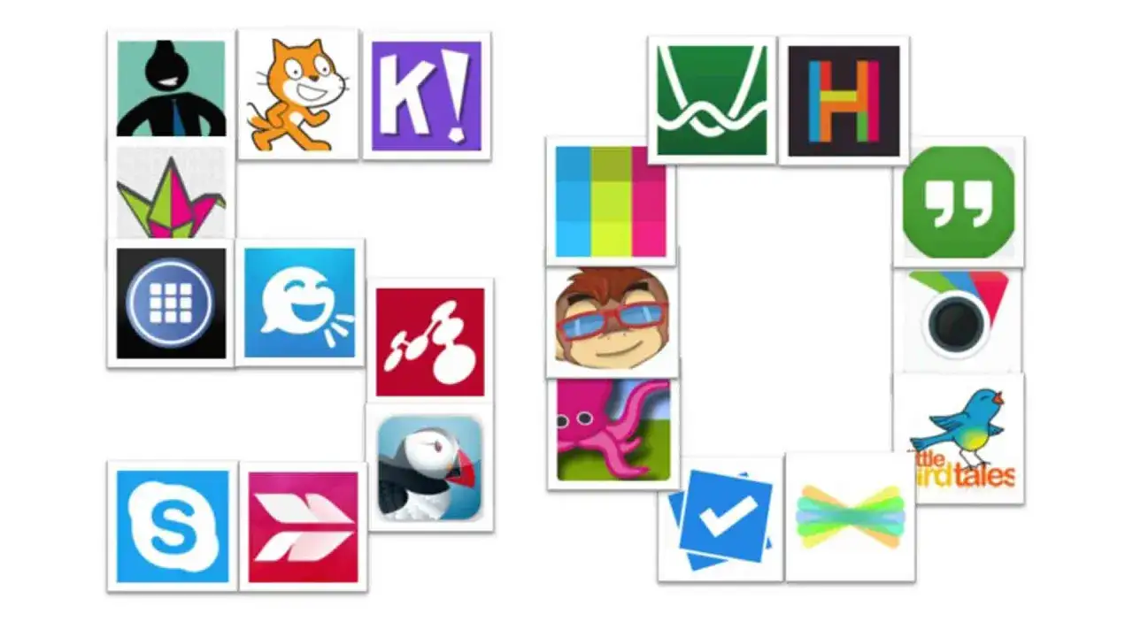 Kolekcja ikon aplikacji, kt&oacute;re mogą być najlepsze aplikacje do nauki: Scratch, Kahoot!, Google, Instagram, Skype i inne.