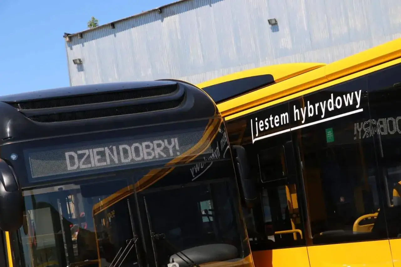Nowe, żółto-czarne autobusy hybrydowe, jeden z napisem 