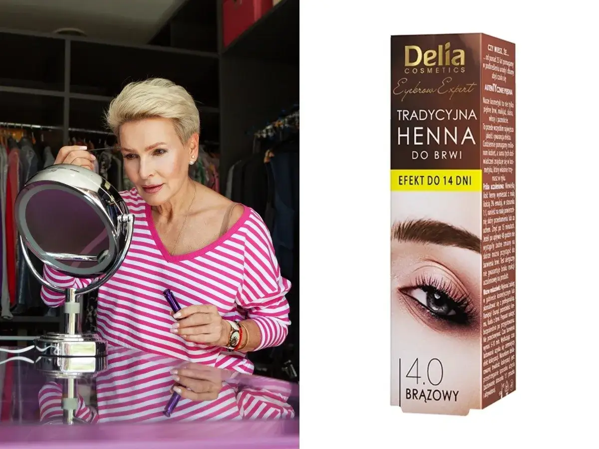 Kobieta przed lustrem, przygotowująca się do zabiegu henna brwi. Obok opakowanie henny Delia, efekt do 14 dni.