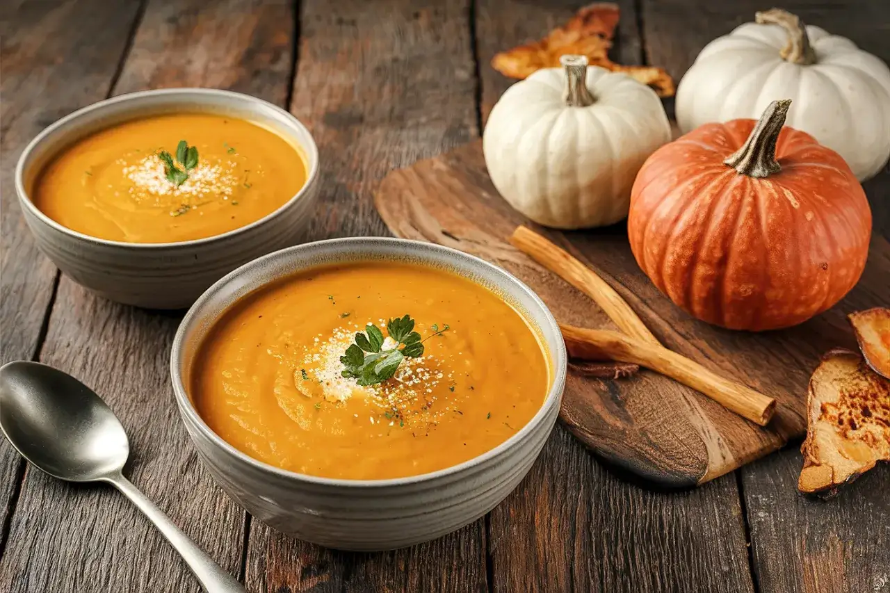 Trois bols de soupe potimarron variantes différentes