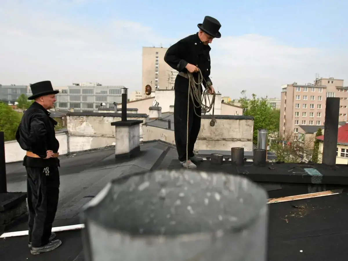 Dwóch kominiarzy w cylindrach na dachu. Jeden trzyma linę, drugi patrzy w bok. Czy kominiarz może dać mandat? Raczej nie, ale dba o bezpieczeństwo.