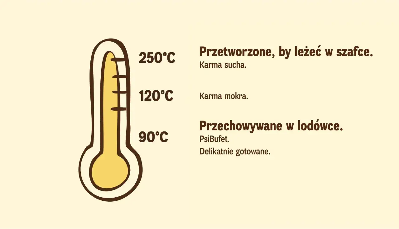 Termometr pokazuje, że gotowane jedzenie dla psa proporcje zależą od temperatury. Karma sucha 250&deg;C, mokra 120&deg;C, a delikatnie gotowane PsiBufet 90&deg;C i przechowywane w lod&oacute;wce.
