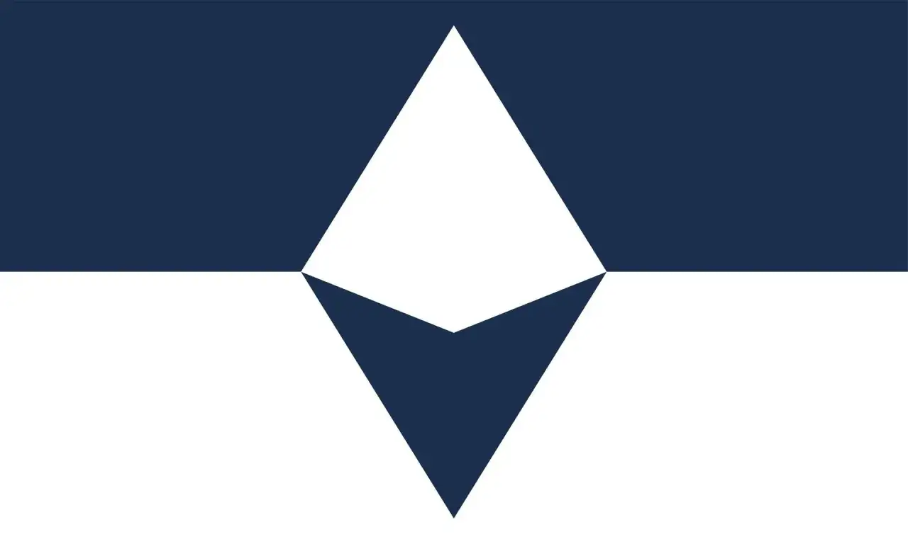 Flaga Antarktydy: biały trójkąt na górze i na dole, otoczony granatowymi pasami.