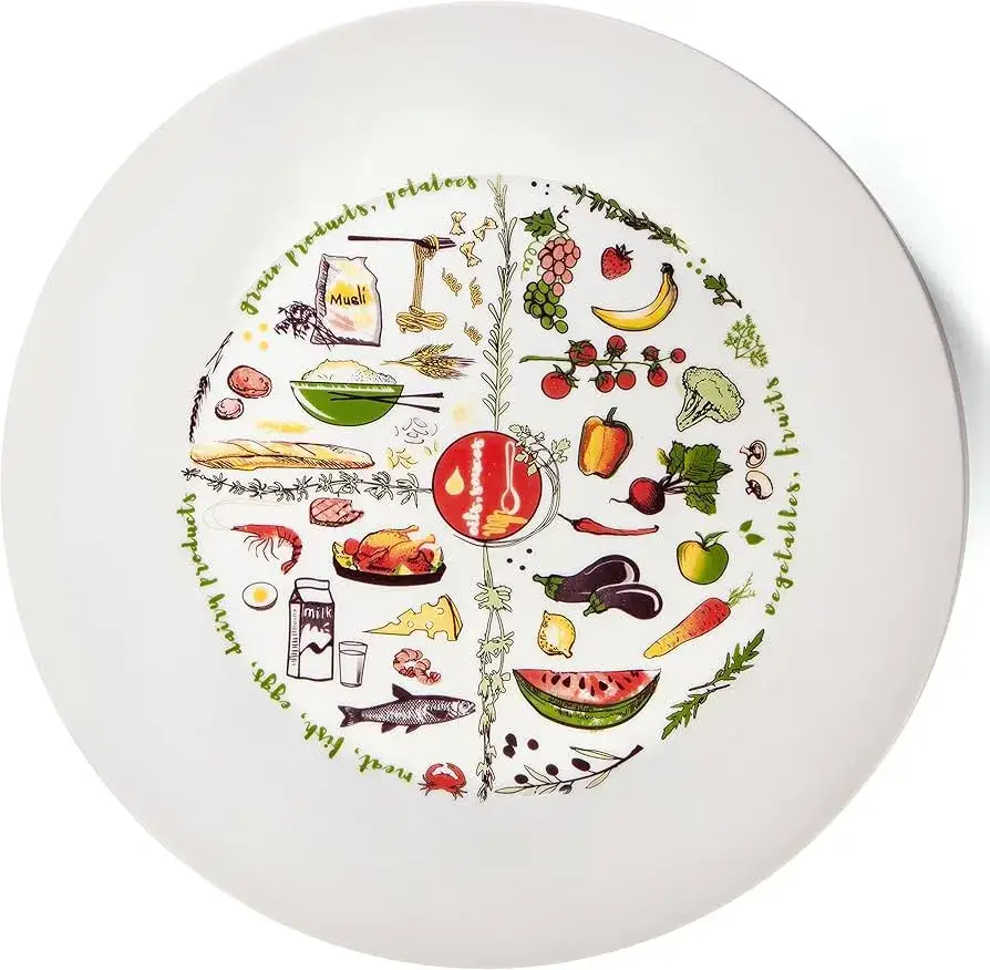 talerz jedzenia i hantle w tle symbolizujące bilans kaloryczny