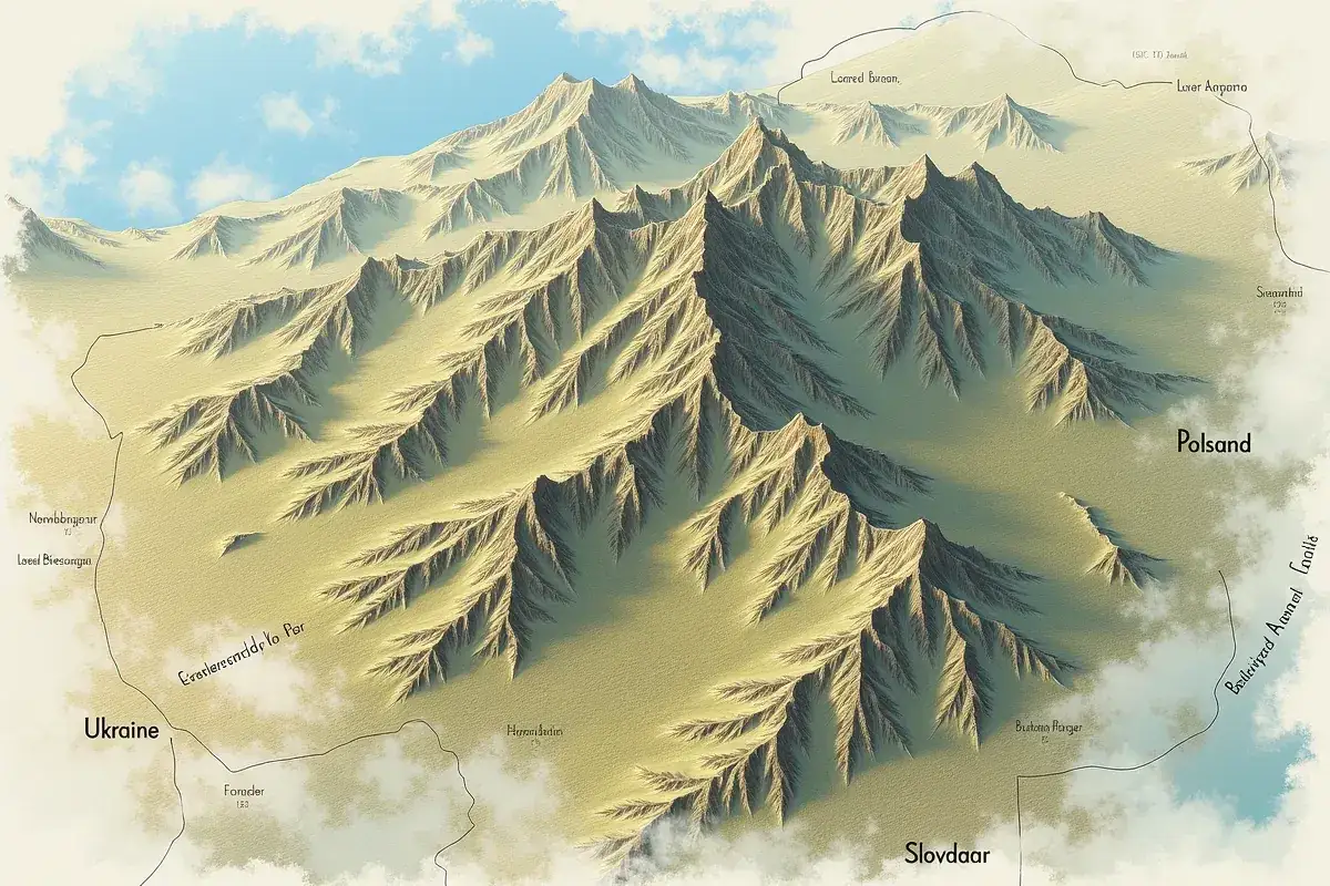 Widok z lotu ptaka na pasmo górskie przypominające Alpy, z dolinami i szczytami.