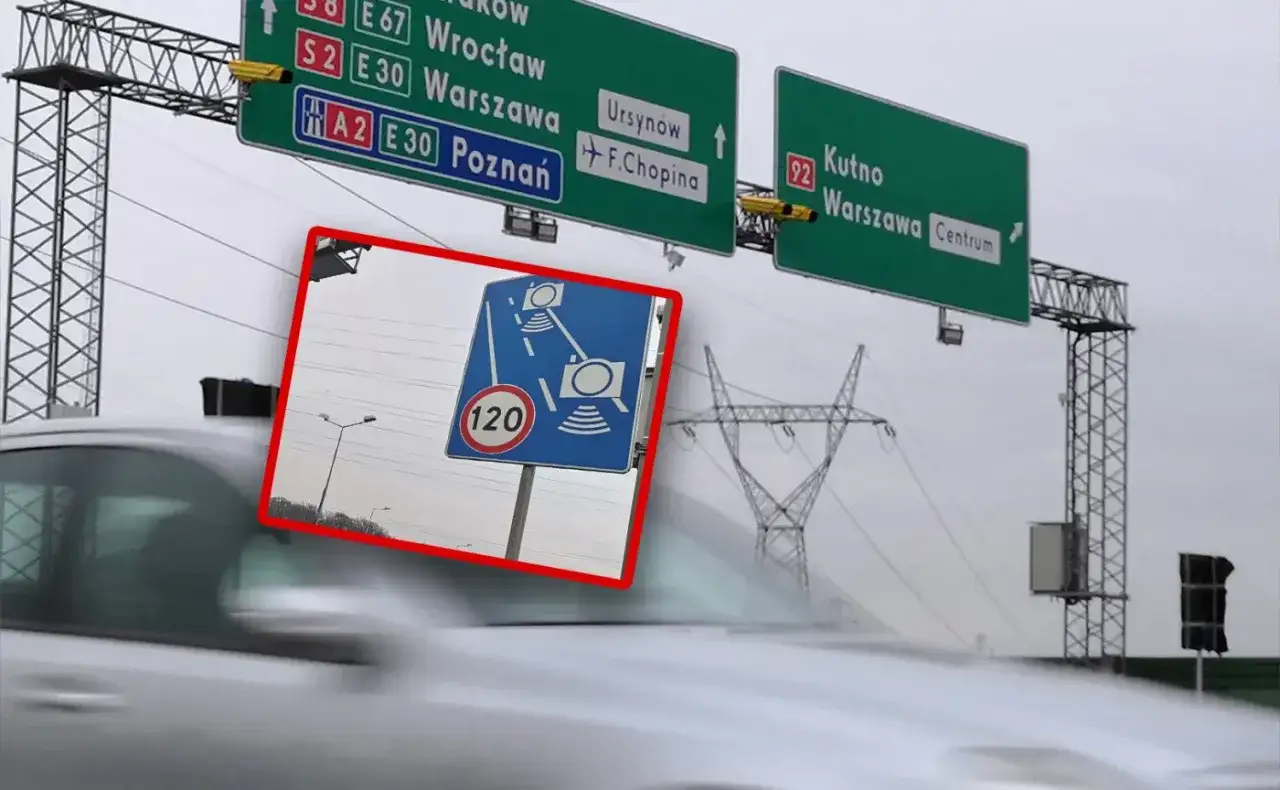 Znak odcinkowy pomiar prędkości informuje o limicie 120 km/h.