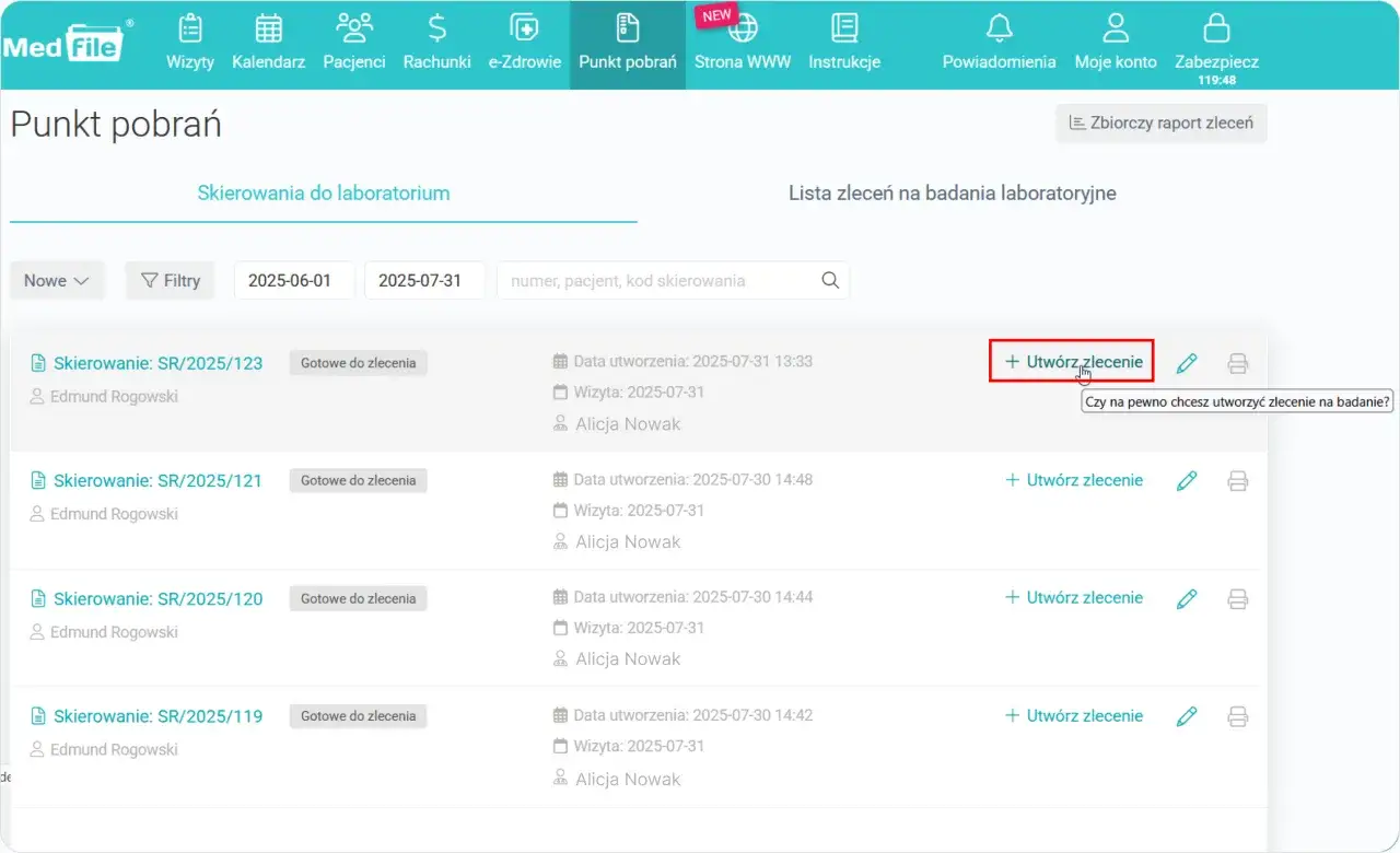 Lista zleceń na badania laboratoryjne. Tutaj możesz sprawdzić, gdzie zrobić badania krwi na NFZ i utworzyć nowe zlecenie.