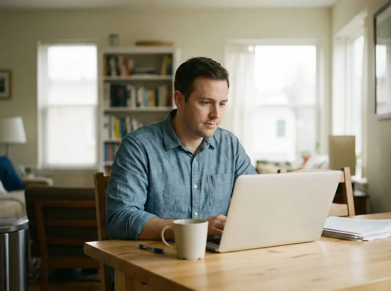 Mężczyzna przy biurku pracuje nad laptopem, szukając informacji o oddłużaniu i czyszczeniu BIK zrób to sam.