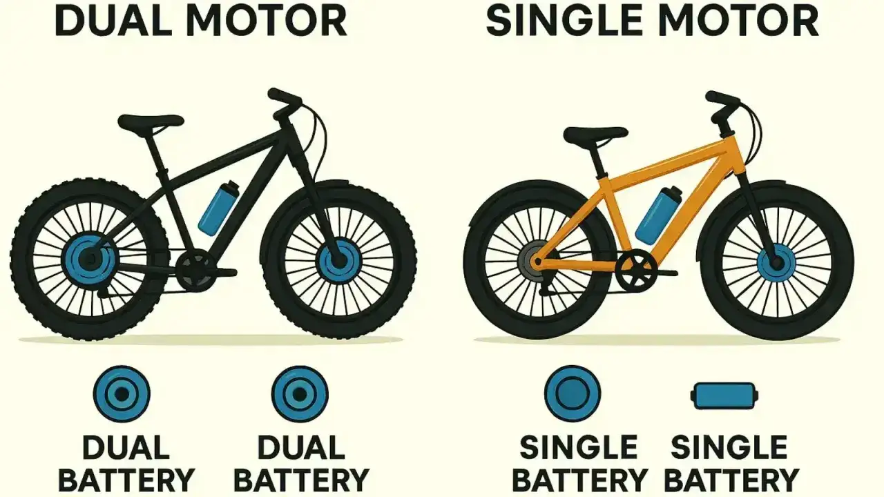 Porównanie rowerów: czarny z dwoma silnikami i bateriami, pomarańczowy z jednym silnikiem i baterią. Jaki silnik do roweru elektrycznego wybrać?