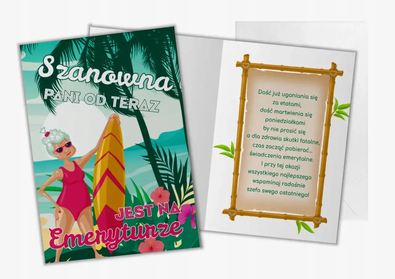 Wesołe życzenia z okazji przejścia na emeryturę. Uśmiechnięta starsza pani z deską surfingową na plaży.