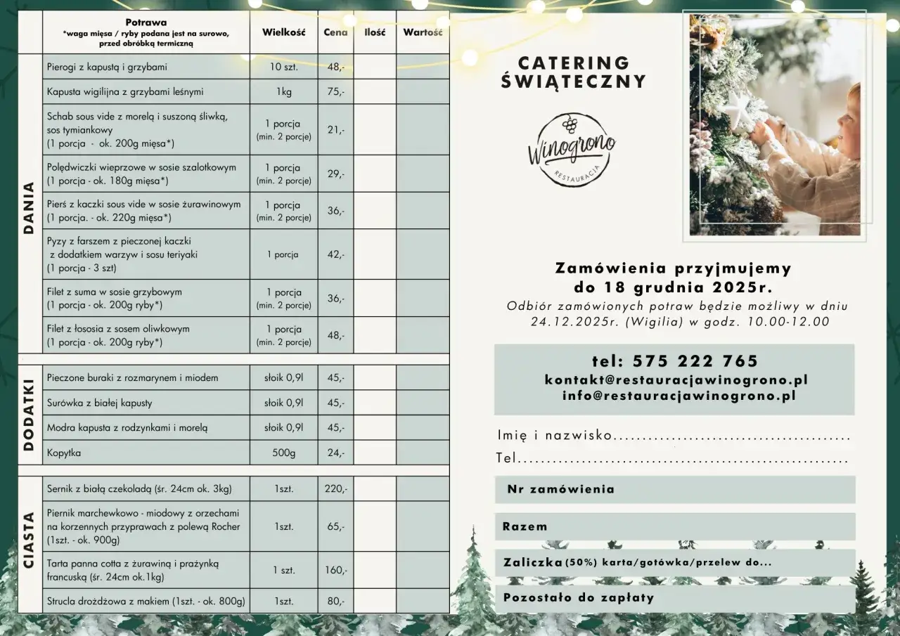 Menu świąteczne z cenami: ile kosztuje catering na wigilię? Dania gł&oacute;wne, dodatki i ciasta. Zam&oacute;wienia do 18 grudnia 2025.