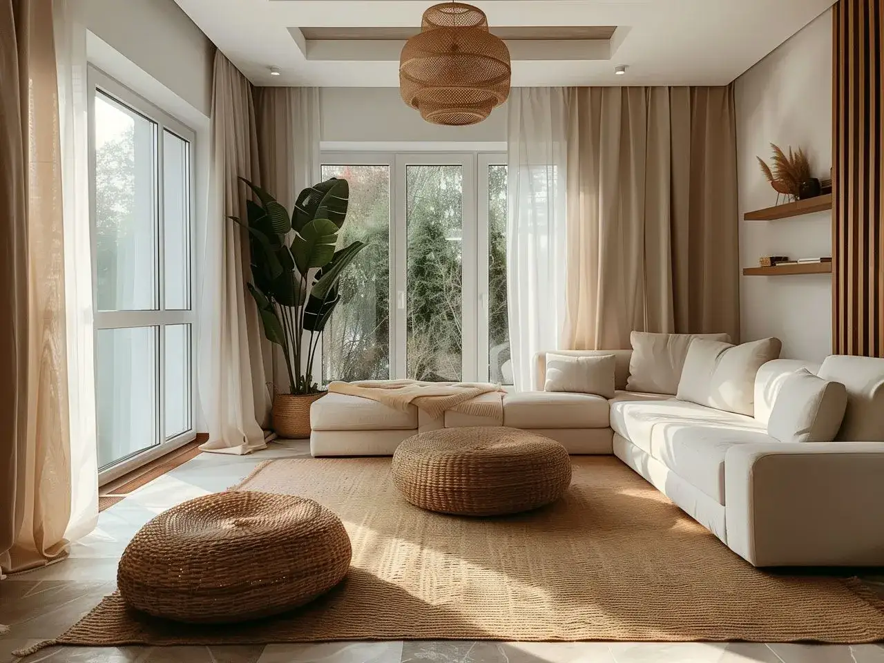 Jasny salon z wygodną sofą, dwoma pufami i rośliną. Naturalne materiały tworzą przytulny dekor na ścianę w salonie.