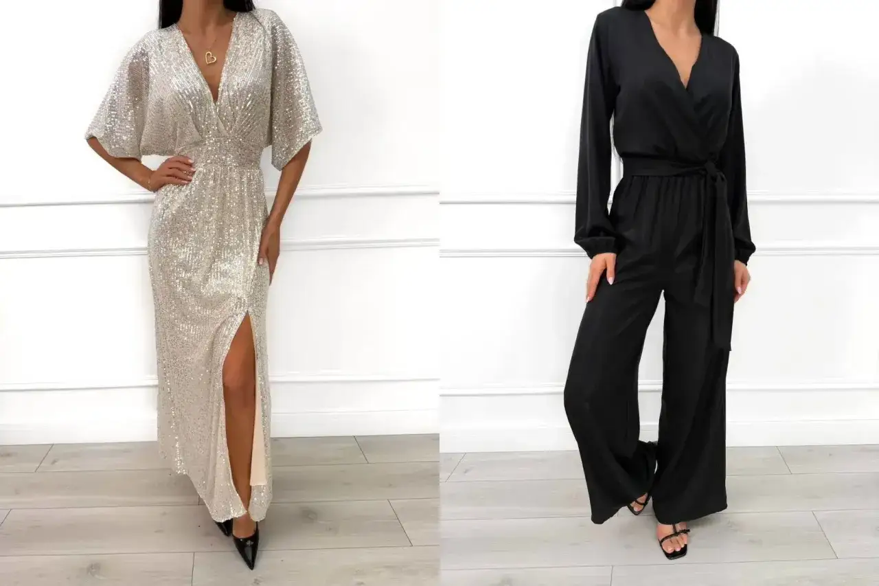 Elegancka sukienka maxi w cekiny i czarny kombinezon to propozycje na wyjątkowe stylizacje.