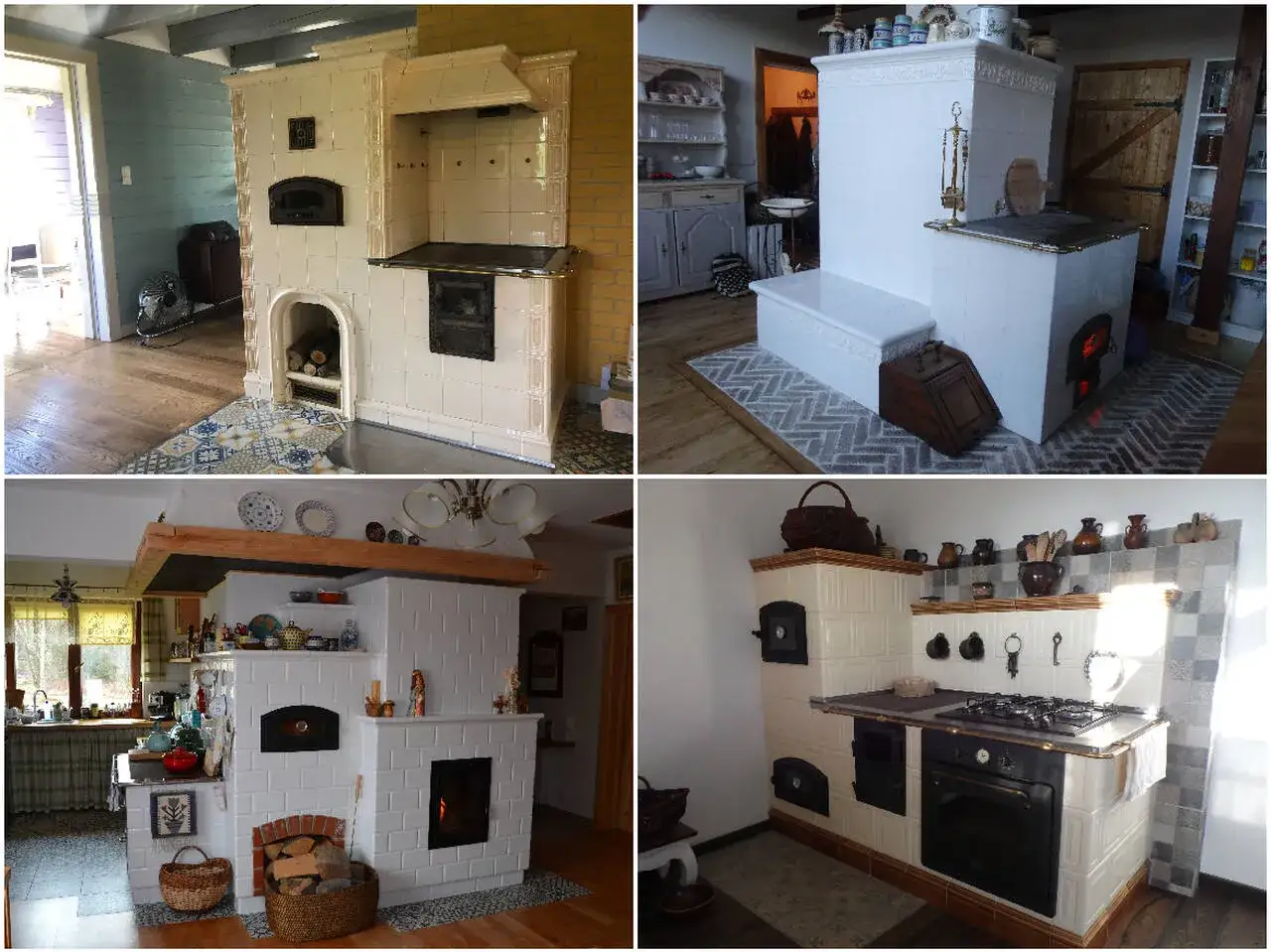 Inspiracje jak zrobić kuchnię kaflową: białe, stylowe piece kaflowe z paleniskiem i płytą grzewczą, idealne do przytulnego domu.