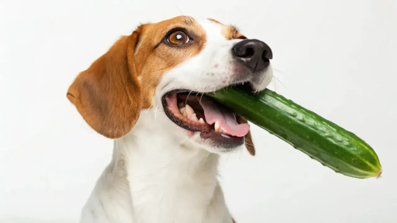 Pies z ogórkiem w pysku. Czy pies może jeść ogórka? Ten psiak zdaje się mieć własne zdanie na ten temat.