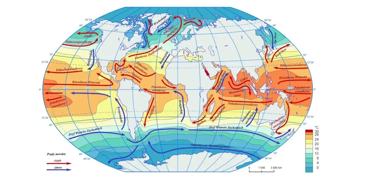 Mapa prądów morskich. Pokazuje, czy się różni ocean od morza, ukazując ciepłe i zimne prądy na całym świecie.