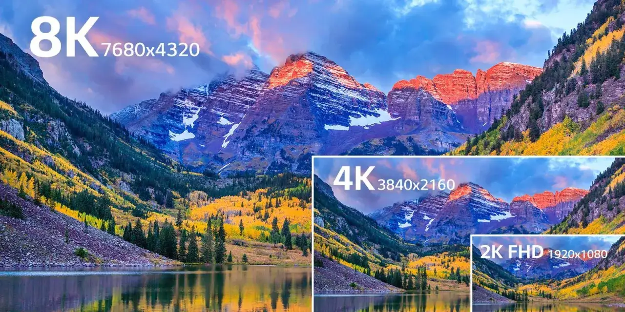 G&oacute;ry jesienią, jezioro i por&oacute;wnanie rozdzielczości: 8K (7680x4320), 4K (3840x2160) i 2K FHD (1920x1080).