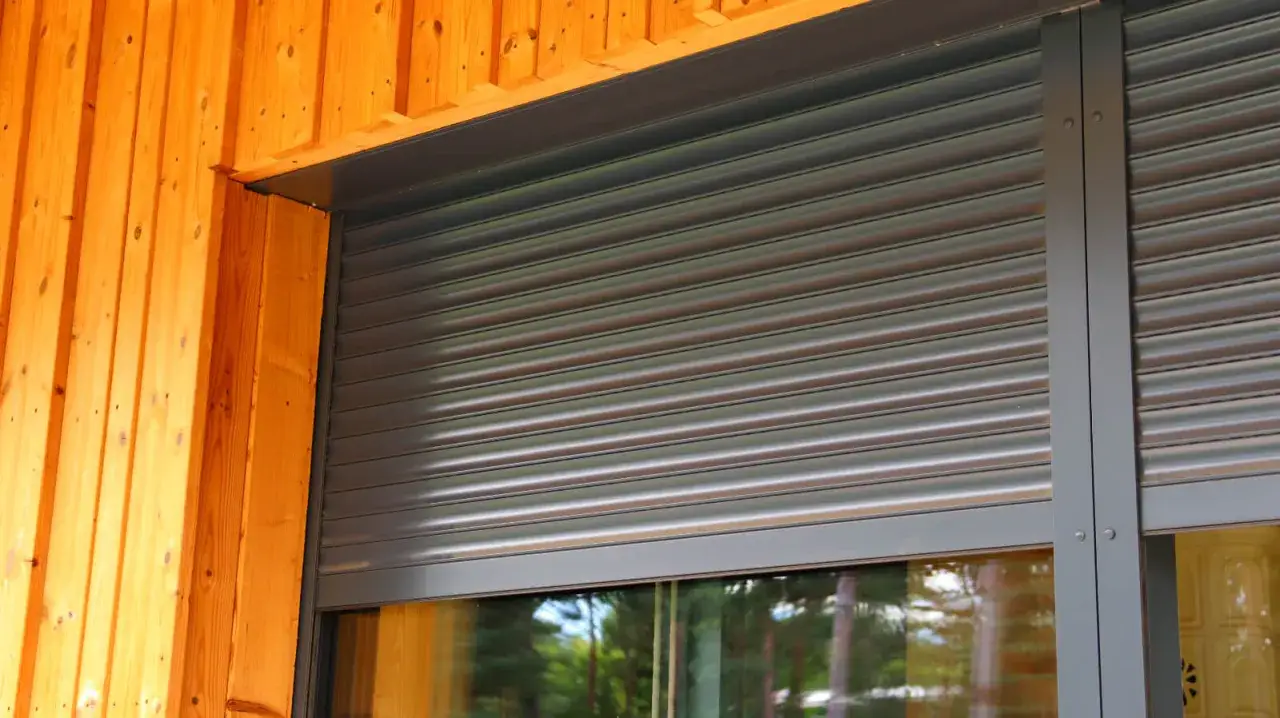 Zewnętrzne, elektryczne żaluzje w kolorze grafitowym, częściowo zasłaniające okno z widokiem na drzewa. Obok drewniana ściana.