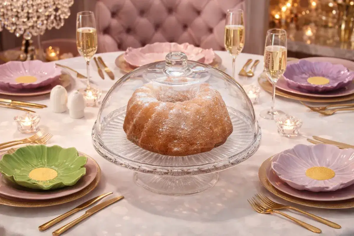 Elegancka patera na przekąski z babką pod szklaną pokrywą, otoczona pastelowymi talerzami i złotymi sztućcami.