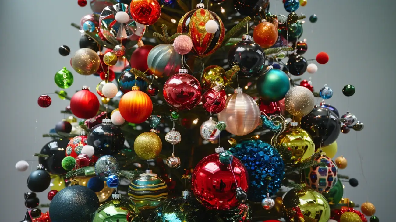 Zdjęcie Oryginalne dekoracje: choinka z bombkami w różnych kolorach