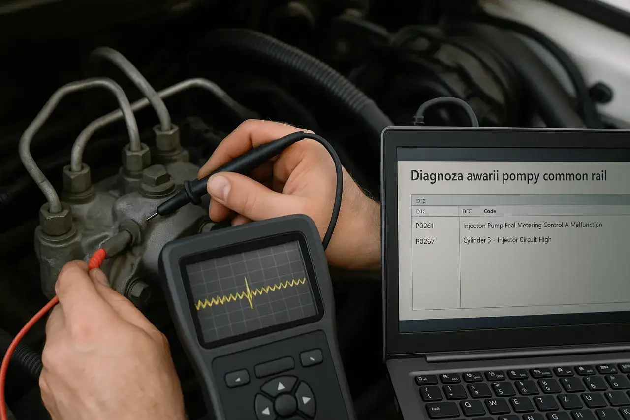 Mechanik sprawdza pompę paliwa za pomocą oscyloskopu i laptopa z diagnostyką.