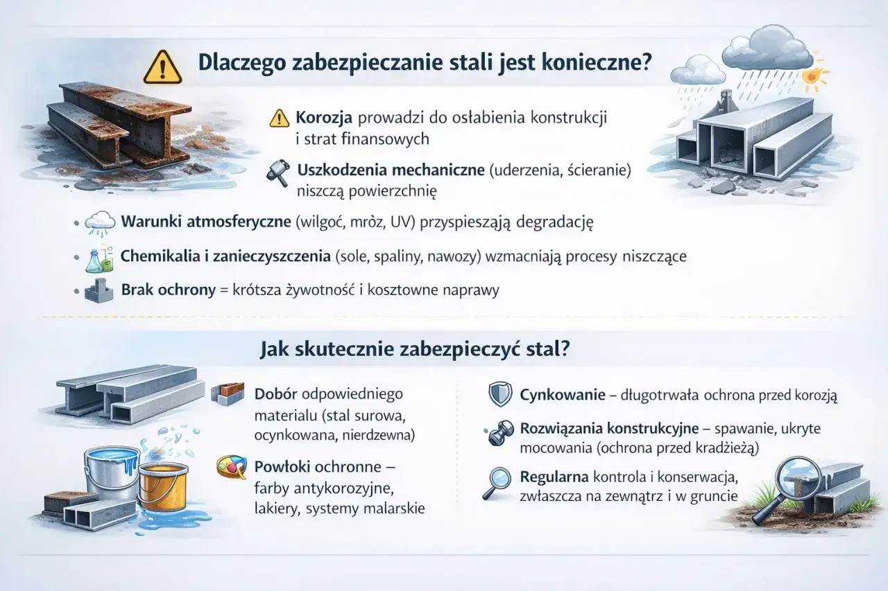 Zabezpieczanie stali przed korozją jest kluczowe. Obraz pokazuje zniszczone profile stalowe, podkreślając potrzebę ochrony przed czynnikami atmosferycznymi i chemicznymi.