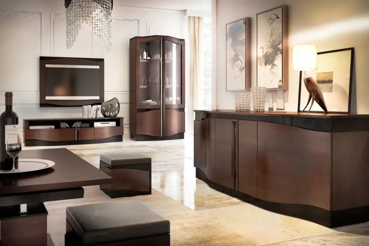 Eleganckie meble w kolorze wenge: witryna, komoda, stolik kawowy i ława.