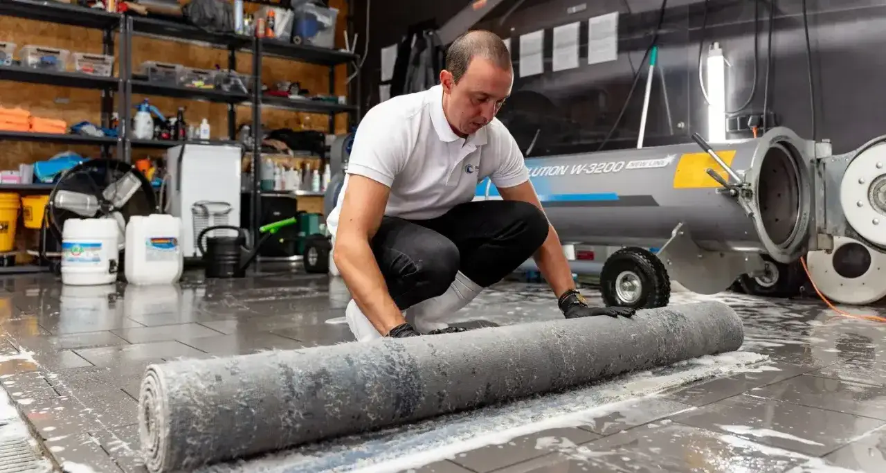 Mężczyzna w rękawiczkach przygotowuje zwinięty dywan do profesjonalnego czyszczenia. Pokazuje, jak wyczyścić wykładzinę dywanową.