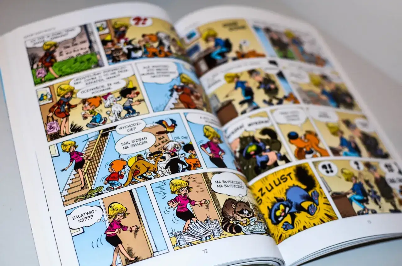 Kolorowy komiks z zabawnymi postaciami i zwierzętami, idealny jako książki dla 10 latki dziewczynki.