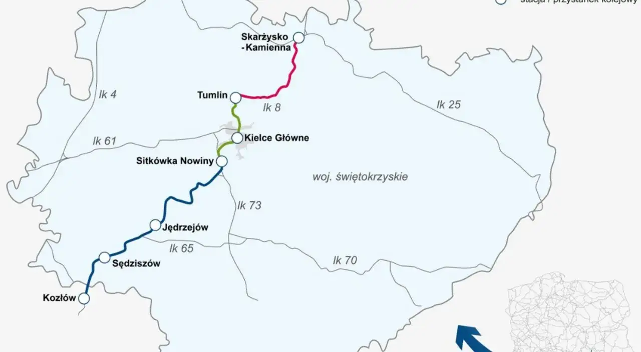 Mapa kolejowa z zaznaczonymi trasami PKP między Kielcami a Krakowem, przez Skarżysko-Kamienną, Jędrzejów i Sędziszów.