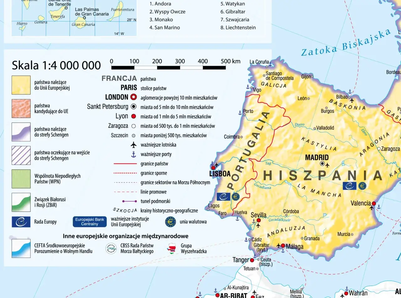 Mapa Unii Europejskiej z zaznaczoną strefą Schengen