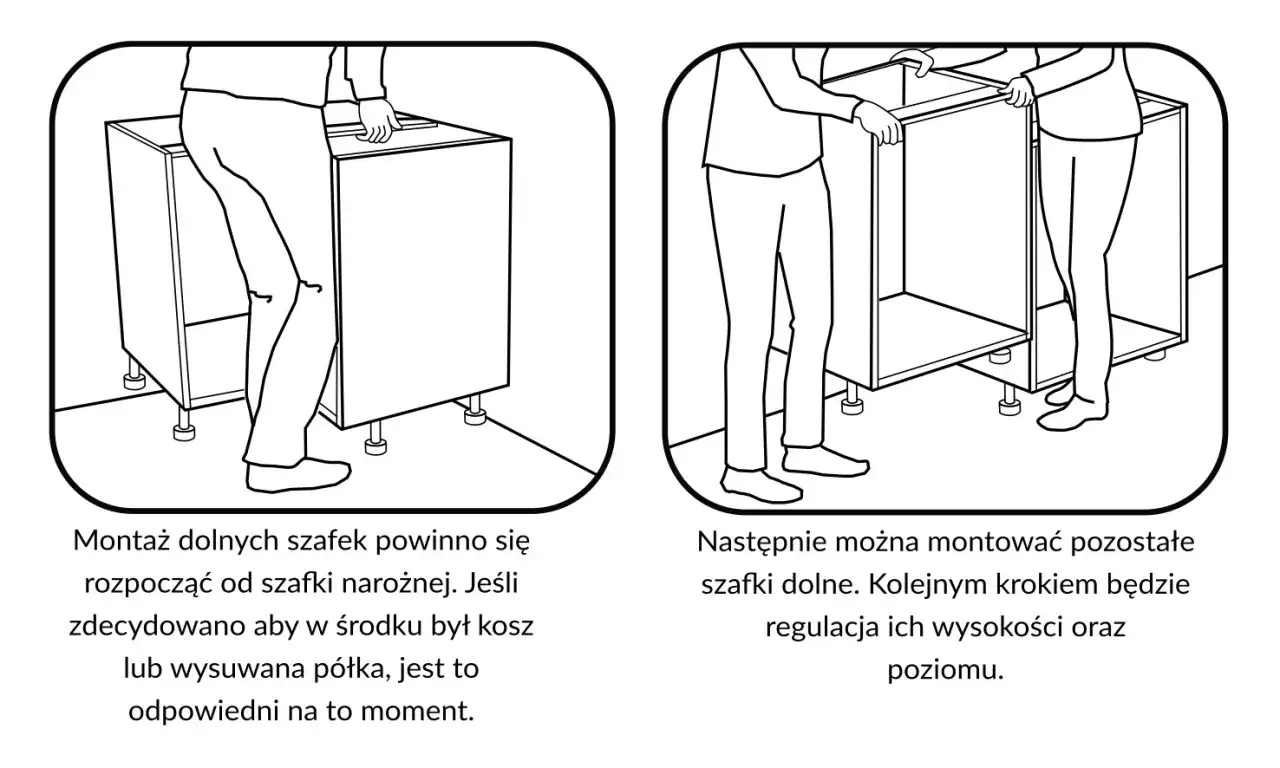 Instrukcja pokazuje, jak zamontować nóżki do mebli kuchennych. Najpierw montaż szafki narożnej, potem pozostałych.