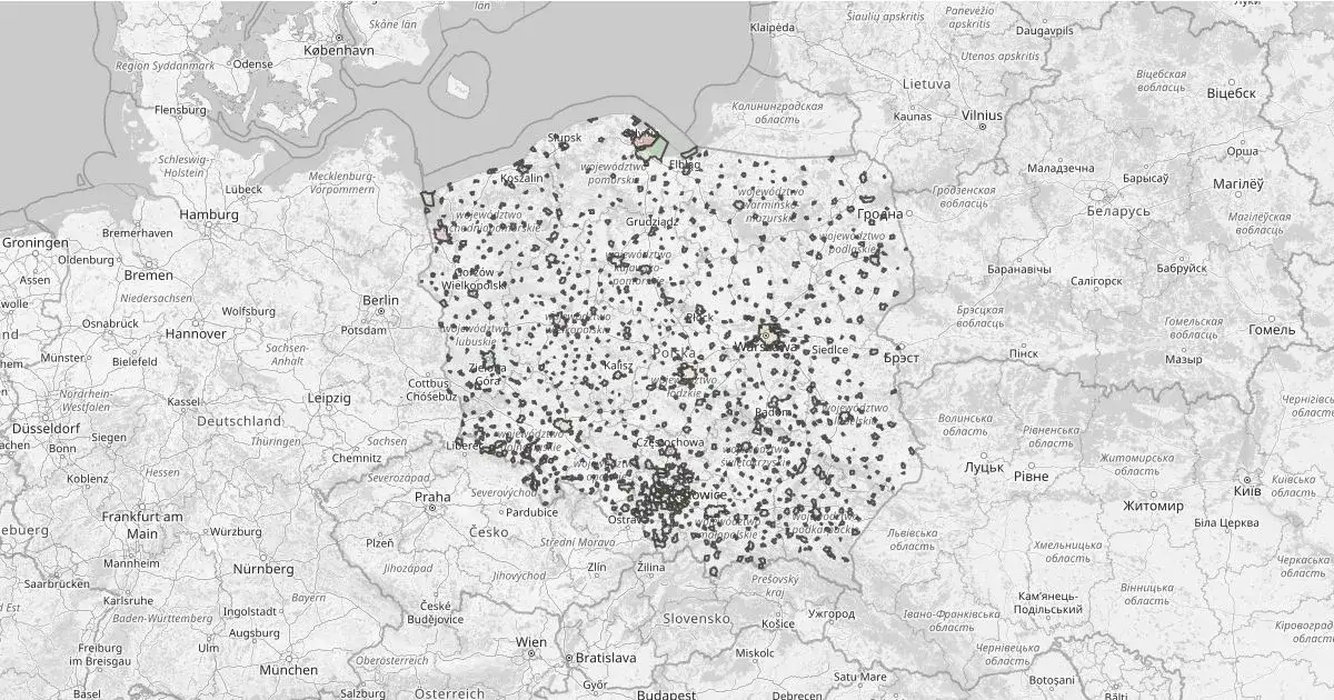 Mapa Polski z zaznaczonymi osiedlami lub widokiem satelitarnym