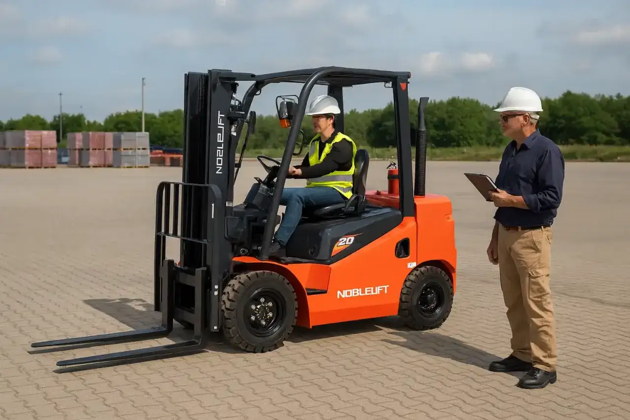 Pomarańczowy wózek widłowy z operatorem w kamizelce i kasku. Obok stoi mężczyzna z notatnikiem. Czy na wózek widłowy trzeba mieć prawo jazdy?