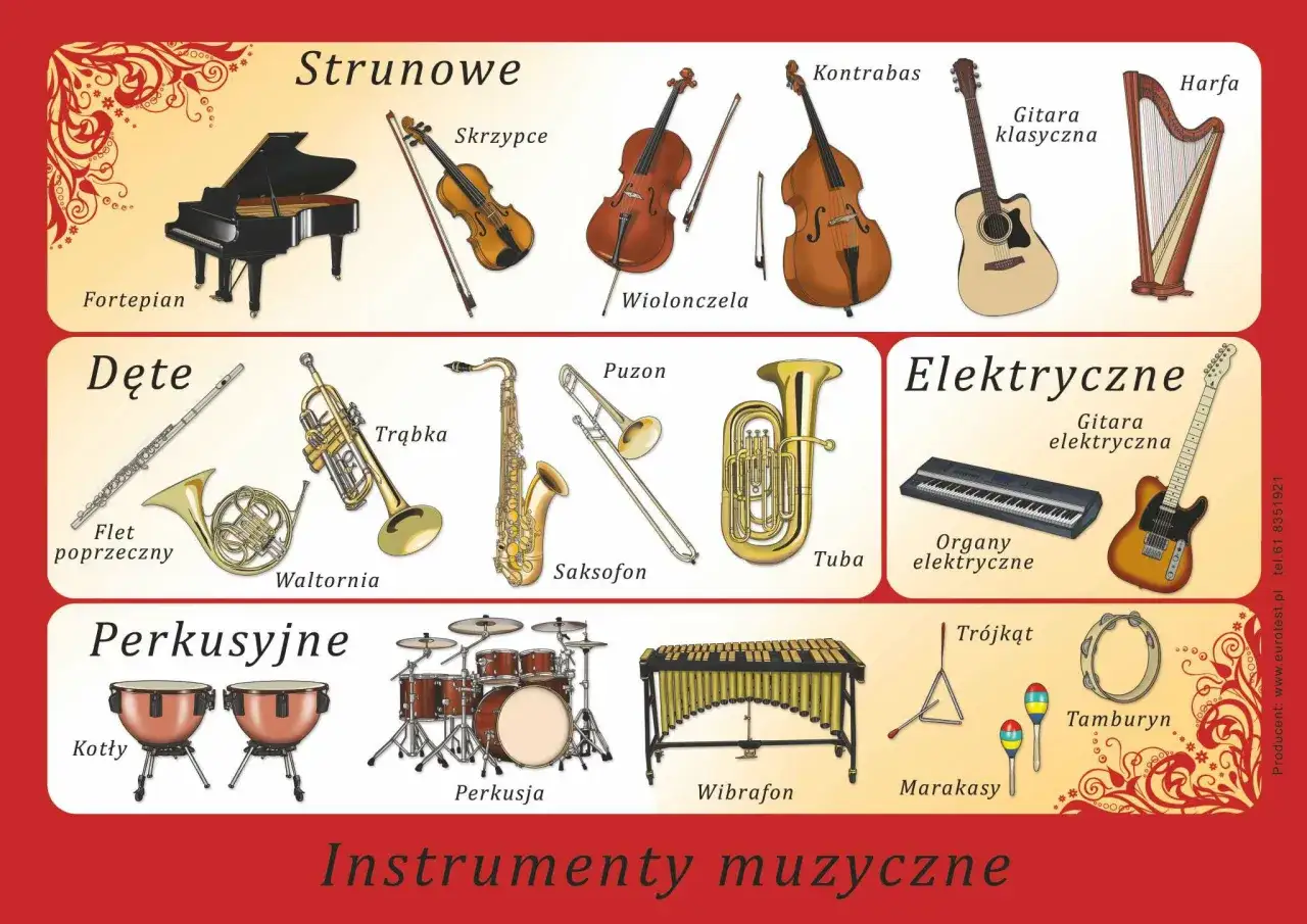 Instrumenty muzyczne: fortepian, skrzypce, wiolonczela, kontrabas, gitara klasyczna, harfa, flet, trąbka, waltornia, saksofon, tuba, organy elektryczne, gitara elektryczna, kotły, perkusja, wibrafon, trójkąt, tamburyn, marakasy.
