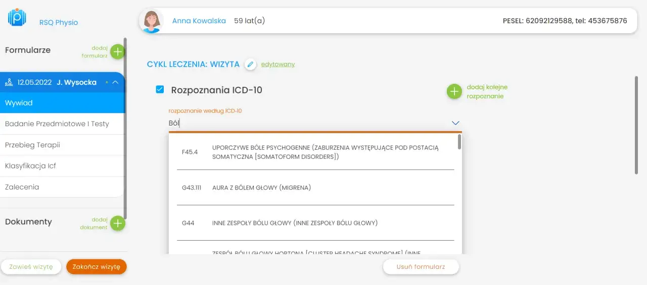 przykład karty wypisu ze szpitala z zaznaczonym kodem ICD-10
