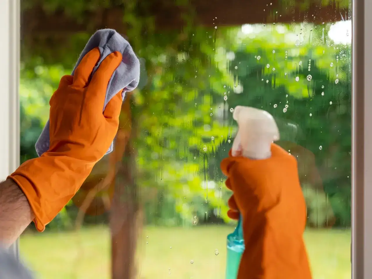 Ręce w pomarańczowych rękawiczkach myją okno. Jedna ręka trzyma butelkę ze sprayem, druga czyści szybę. Czy można myć okna w słońcu? Tak, jeśli użyjesz odpowiedniego płynu.