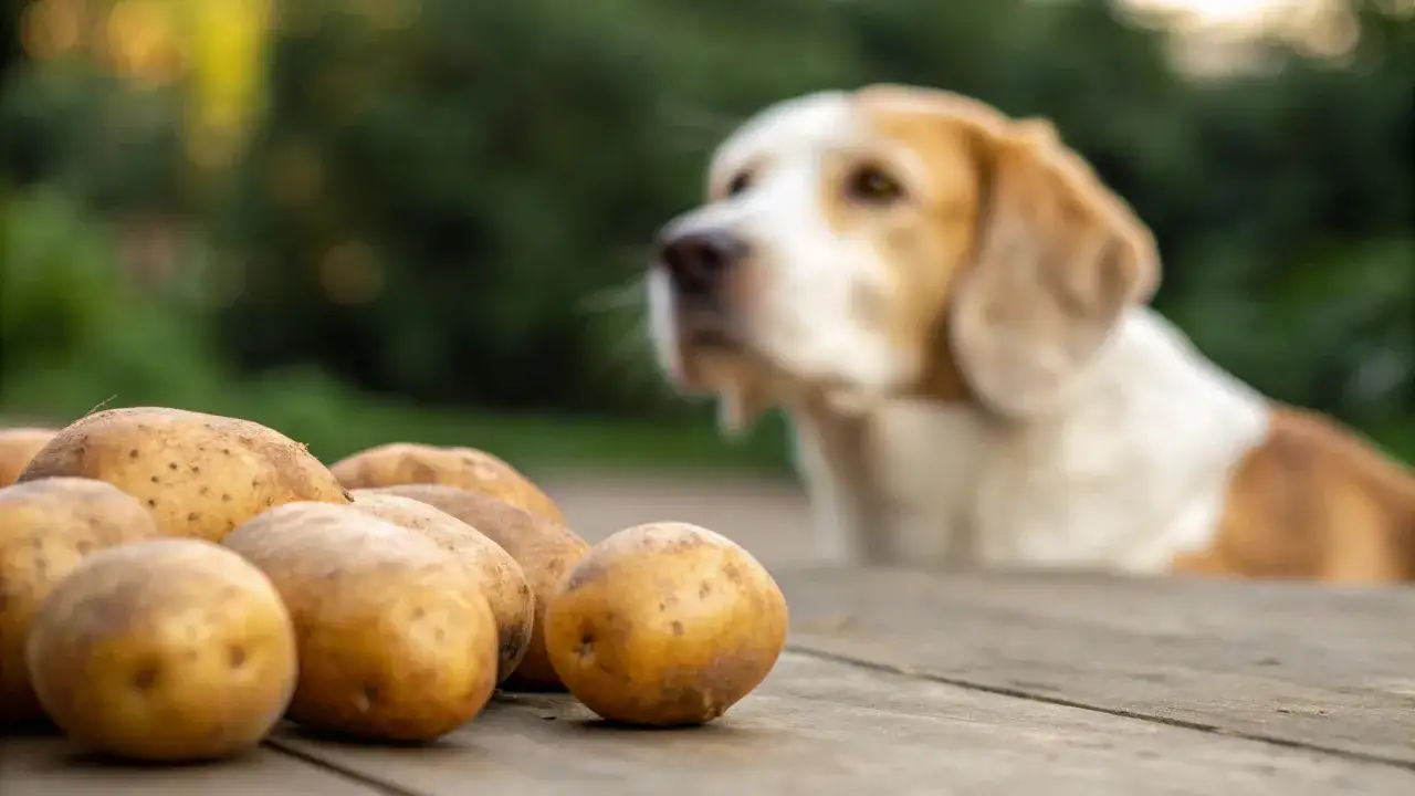 Ziemniaki na stole, a piesek zastanawia się, czy pies może jeść ziemniaki.