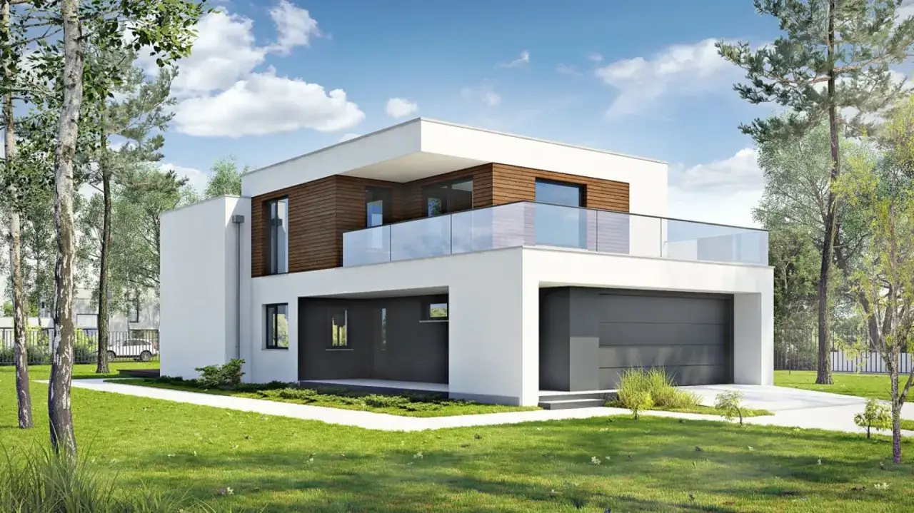 Nowoczesny, mały dom piętrowy z drewnianymi elementami i przeszklonym balkonem, otoczony zielonym ogrodem.