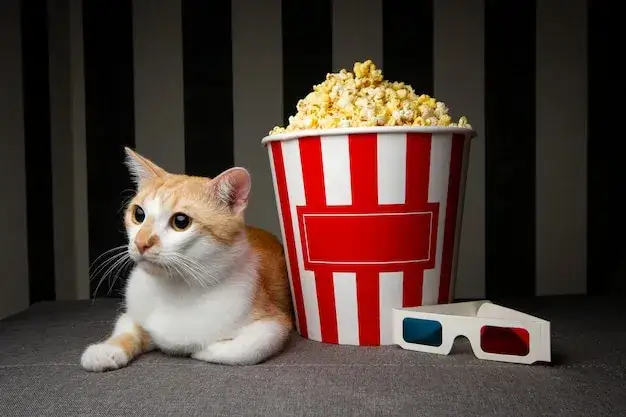 kot z ciekawością patrzący na miskę z popcornem