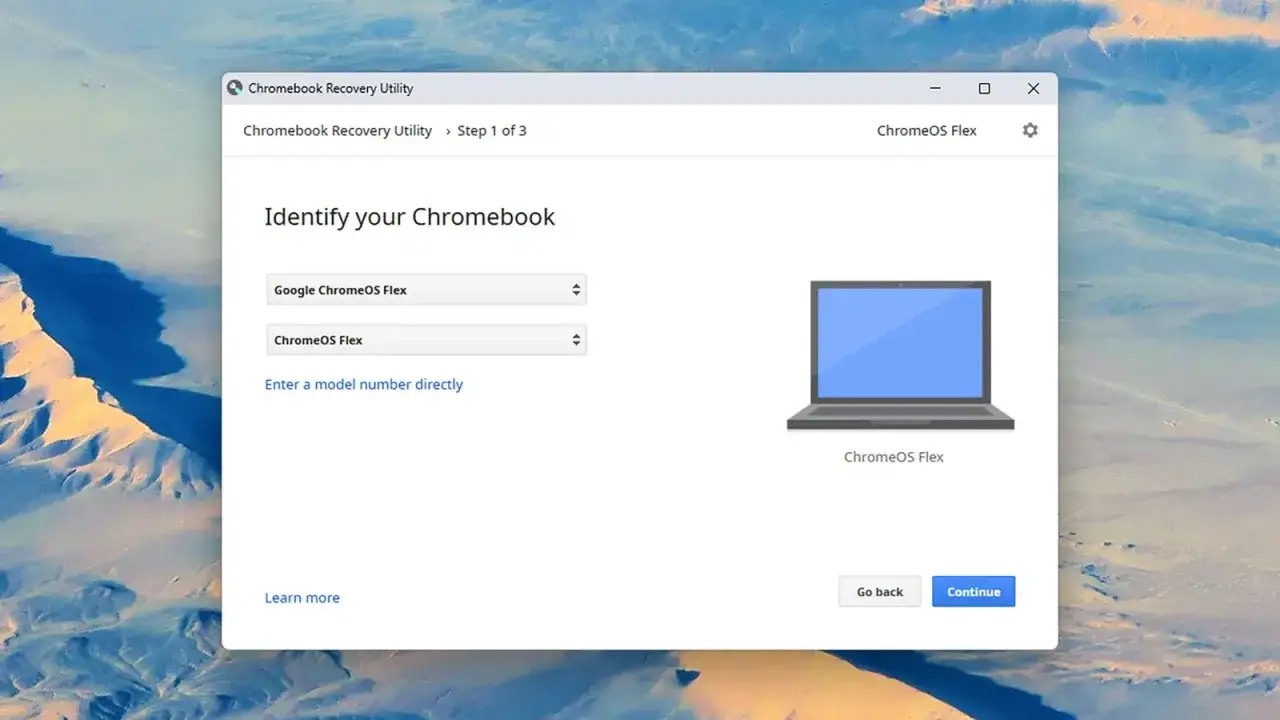 Narzędzie odzyskiwania Chromebooka pozwala wybrać model, np. ChromeOS Flex, do instalacji.