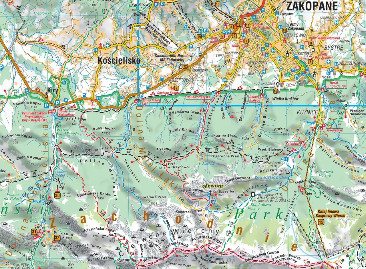 Mapa Zakopanego z zaznaczoną lokalizacją Pokoje Wierchy i atrakcje