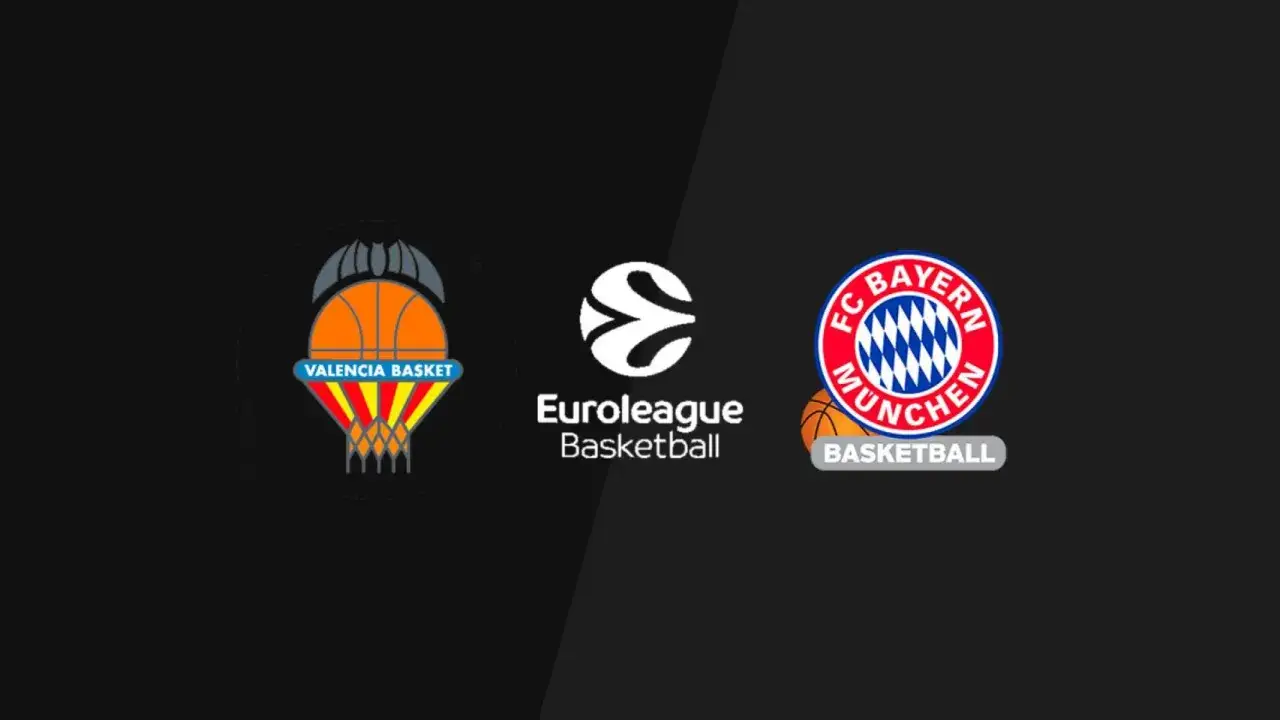 Logos de Valencia Basket y FC Bayern München, con el logo de Euroleague Basketball en el centro.