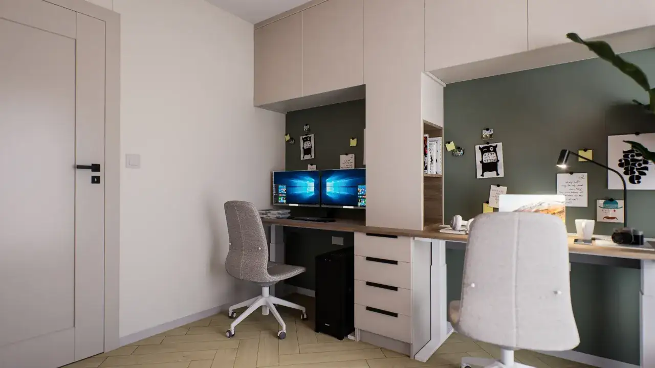 Nowoczesny gabinet z dwoma monitorami i wygodnymi krzesłami. Inspiracje na ścianie dodają charakteru.