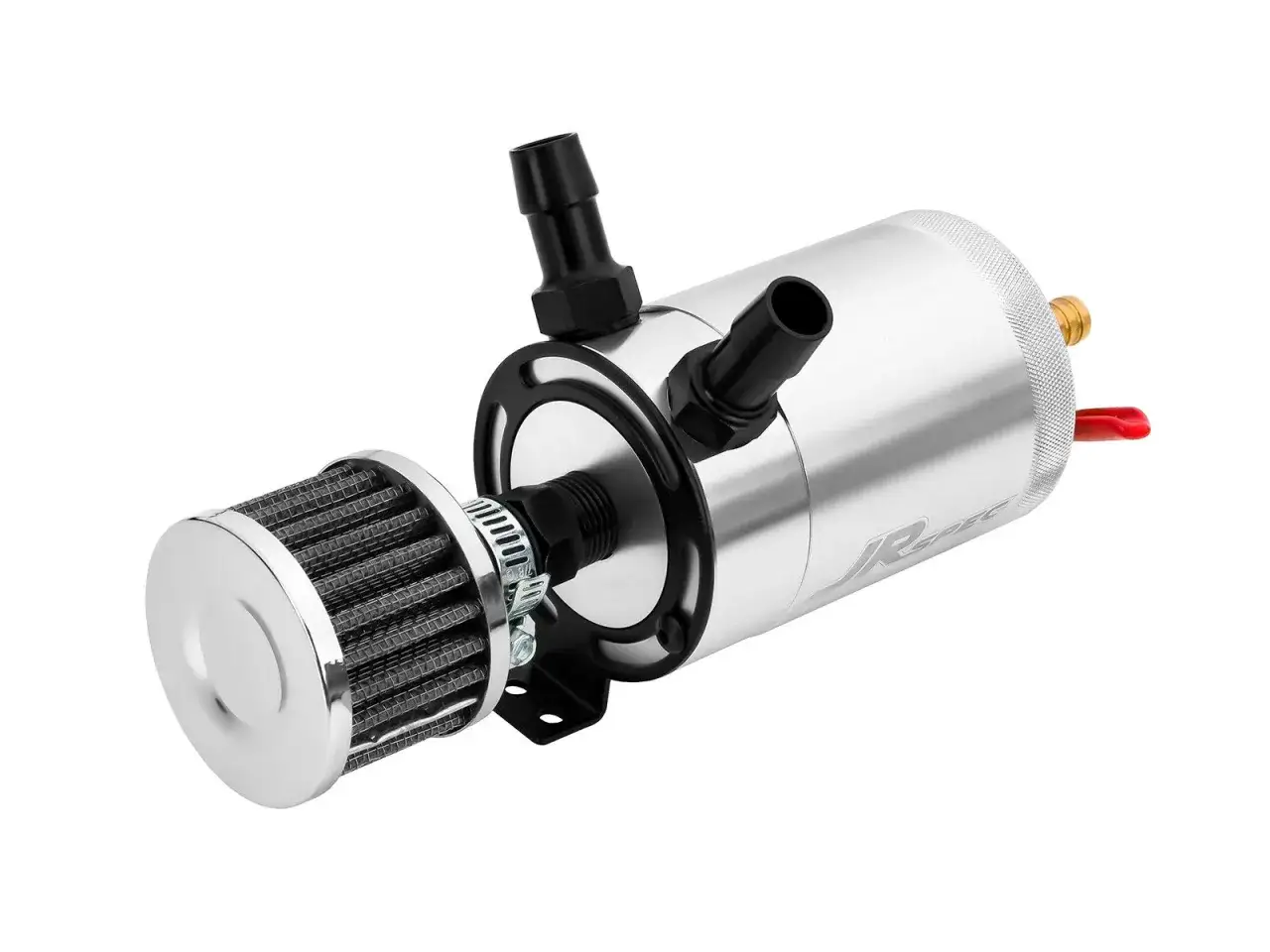 Olejowy zbiornik wyrównawczy (oil catch tank) - srebrny, aluminiowy, z filtrem i dwoma króćcami.