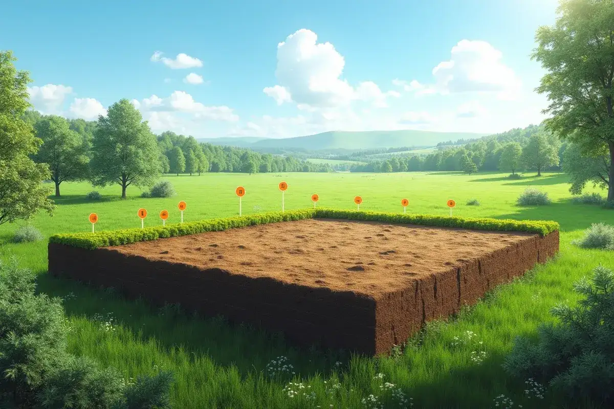 Pytanie: ile kosztuje przekształcenie działki rolnej na budowlaną? Na obrazie widać przygotowany teren z palikami, symbolizującymi potencjalne inwestycje.