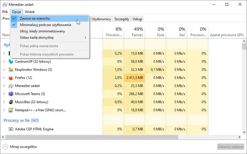 Menedżer Zadań Windows jak zakończyć proces